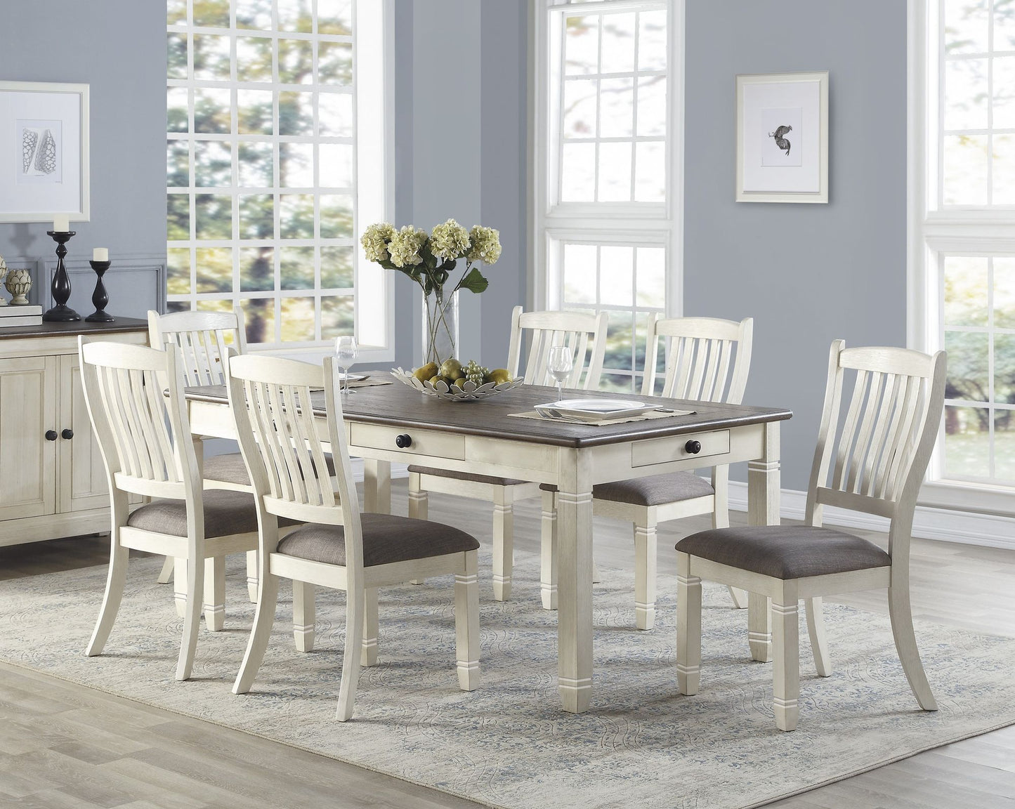 Antique White Finish Dining Side Chairs Set of 2pc Fabric Upholstered Casual Style Dining Room Furniture