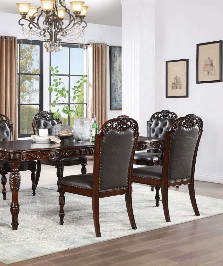 Traditional Set of 2pcs Arm Chairs Brown Cherry Solid wood Espresso Leatherette Tufted Formal Dining Room