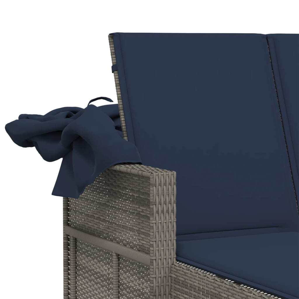 Double Sun Lounger with Canopy and Cushions Gray Poly Rattan