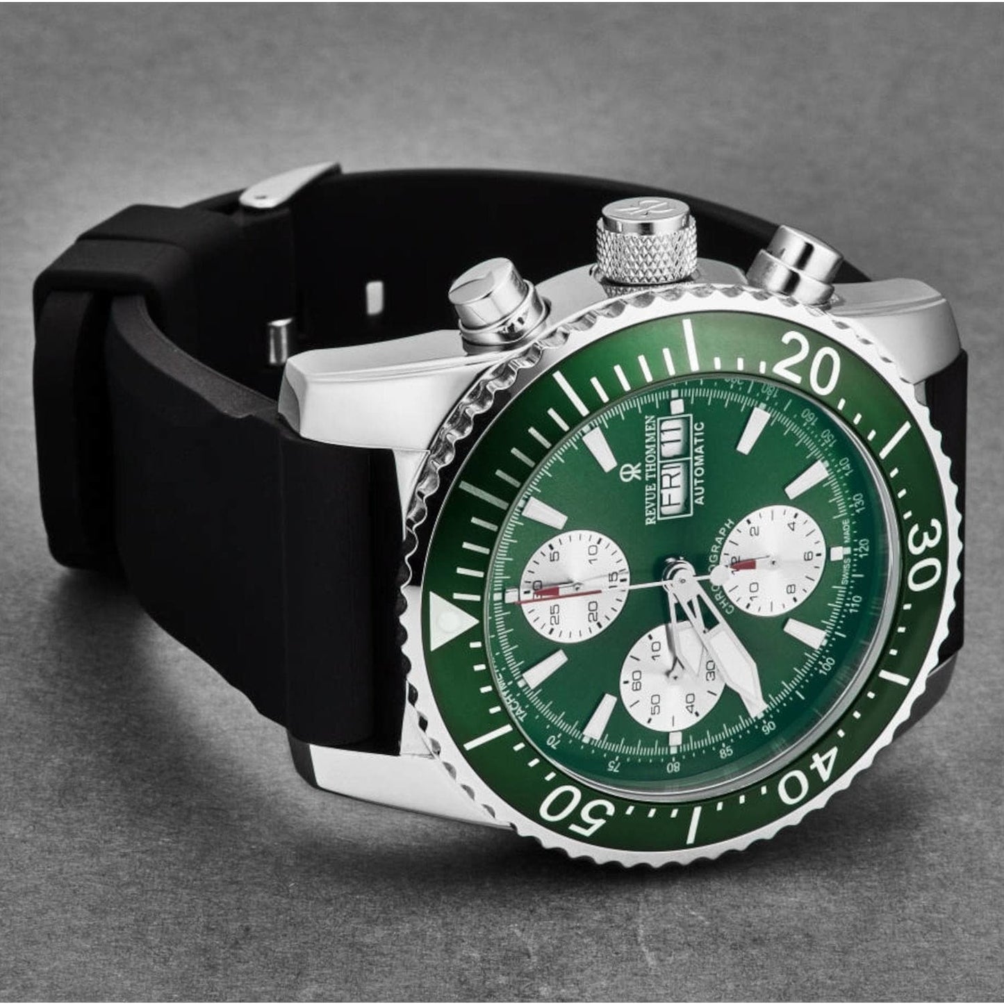 Revue Thommen 17030.6531 Men's 'Divers' Green Dial Day-Date Chronograph Rubber Strap Automatic Watch