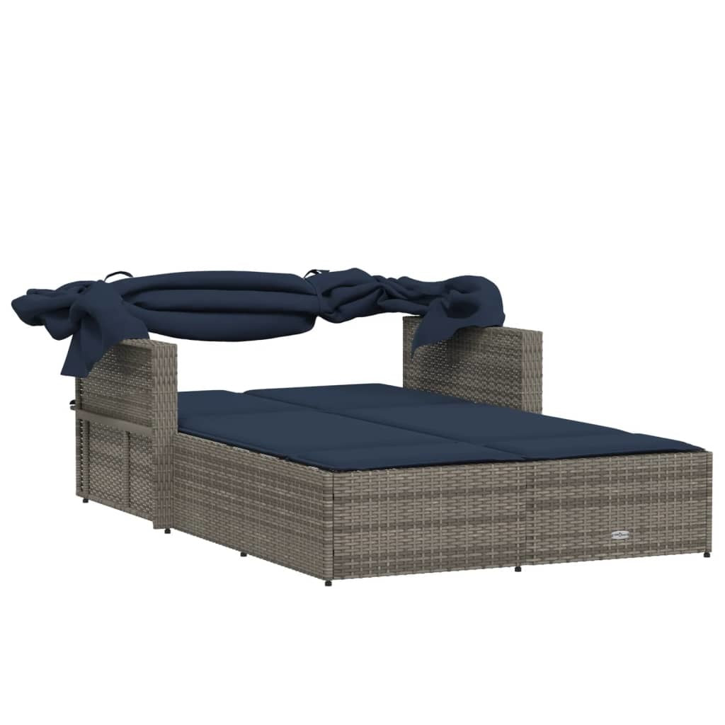 Double Sun Lounger with Canopy and Cushions Gray Poly Rattan