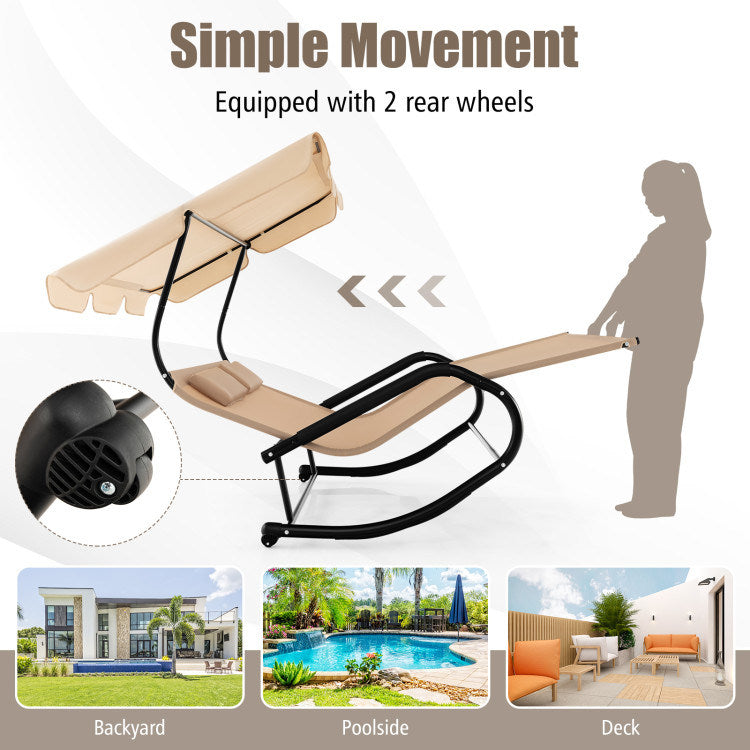 Outdoor 2 Persons Rocking Chaise Lounge with Canopy and Wheels