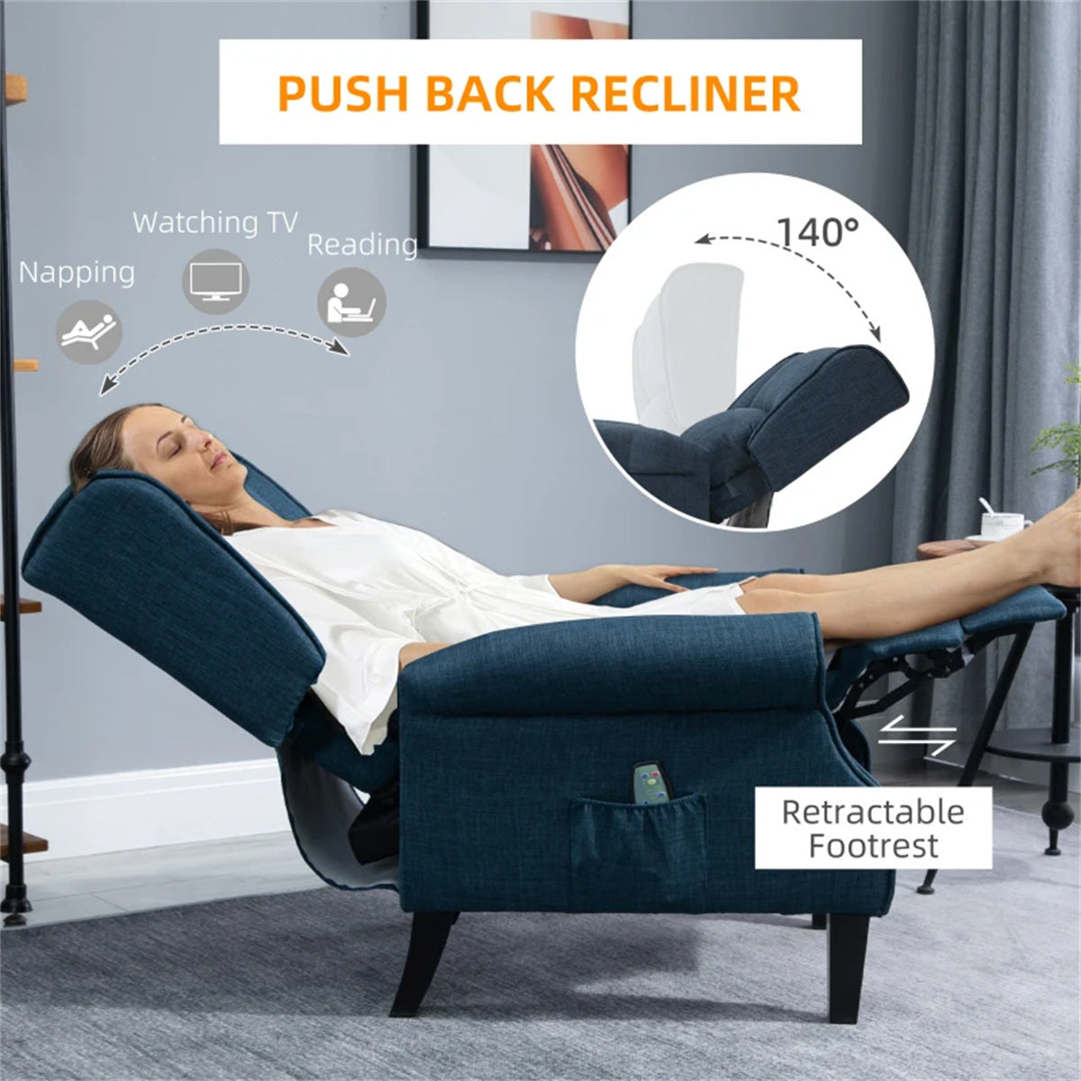 Dark Blue Massage Recliner Chair. Wingback Single Sofa with Vibration Massage, Heat, Push Back