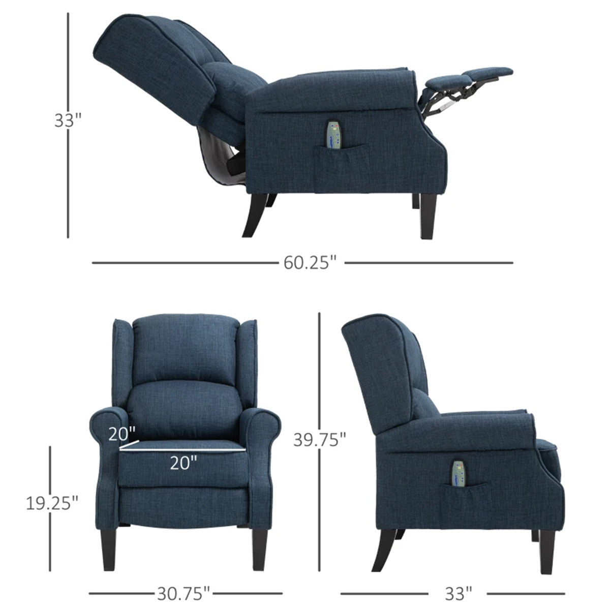 Dark Blue Massage Recliner Chair. Wingback Single Sofa with Vibration Massage, Heat, Push Back