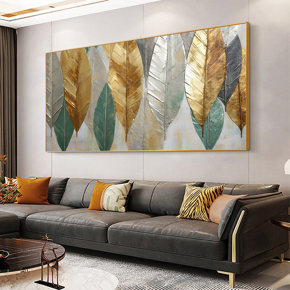 Hand Painted Oil Painting Large Abstract Leaves Oil Painting on Canvas Original Plants Painting Gold Foil Art Decor Living room Wall Decor Custom Modern Wall Art