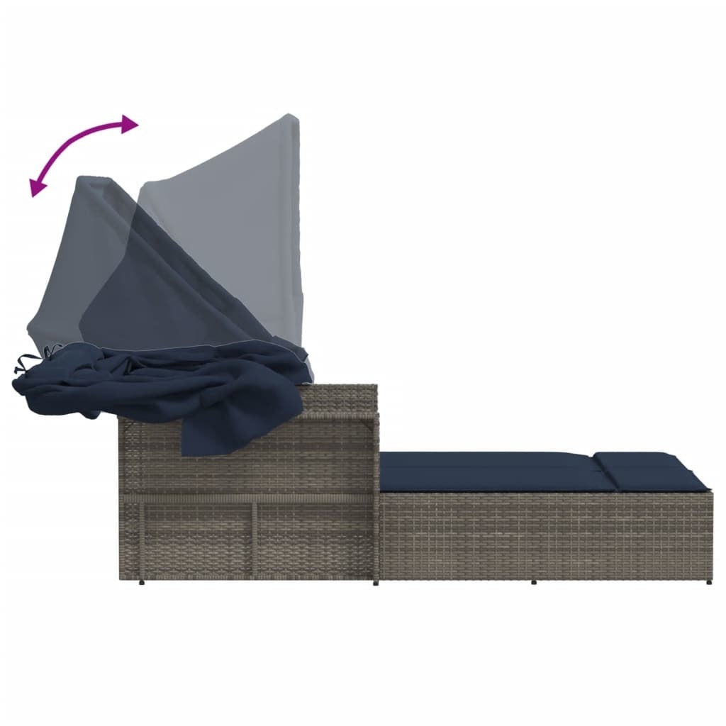 Double Sun Lounger with Canopy and Cushions Gray Poly Rattan