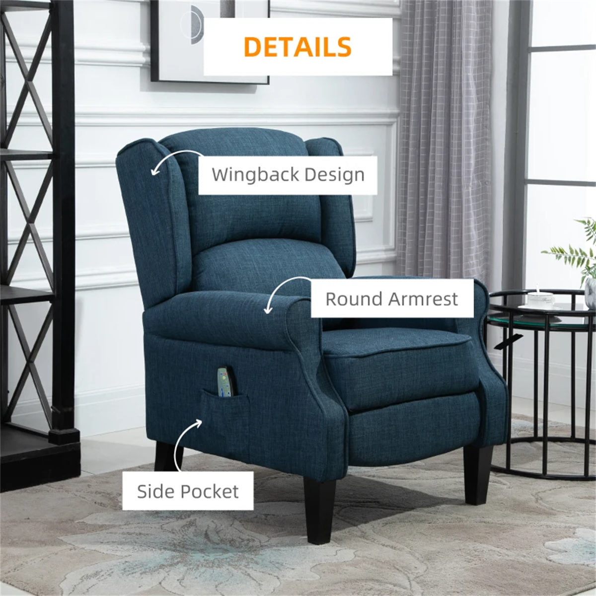 Dark Blue Massage Recliner Chair. Wingback Single Sofa with Vibration Massage, Heat, Push Back