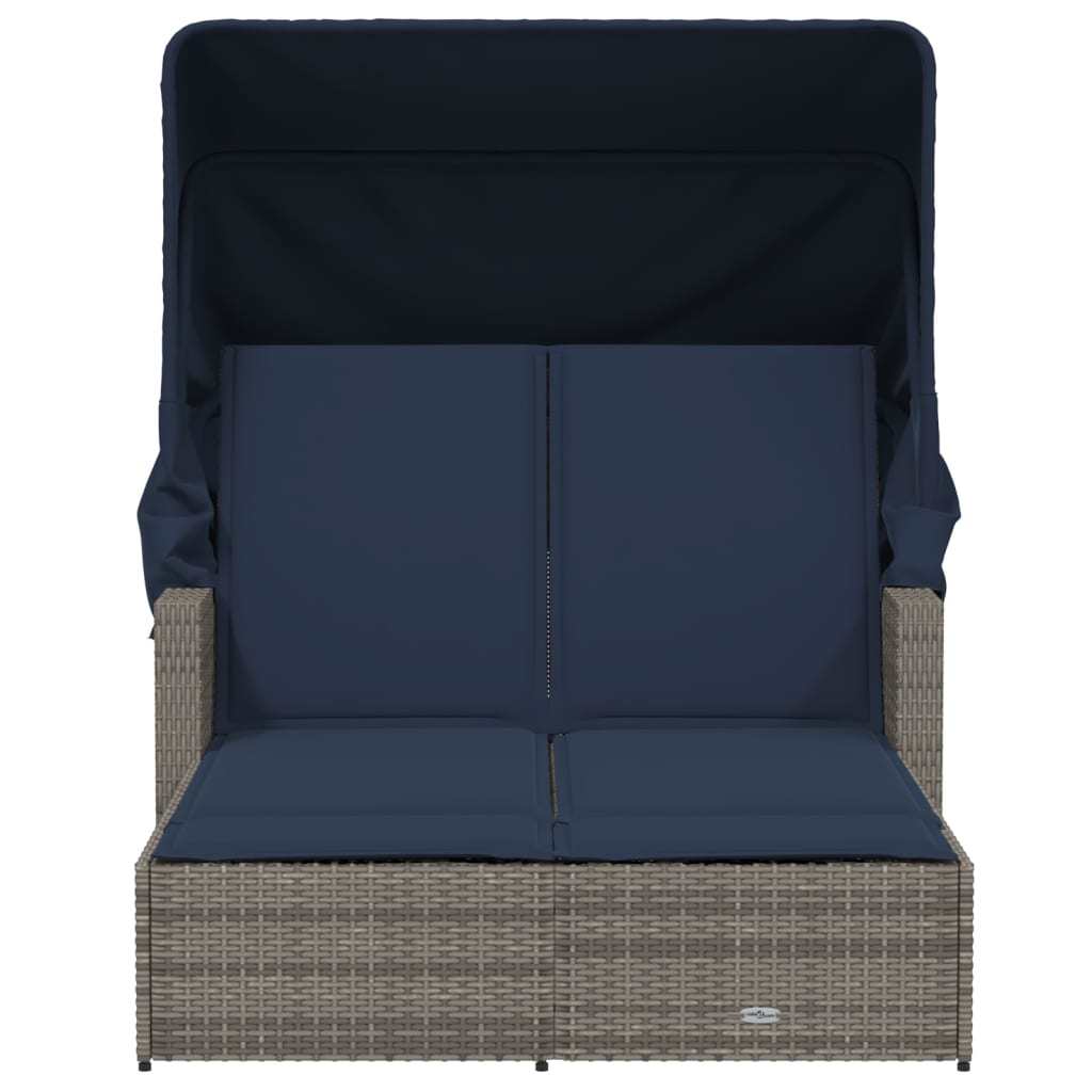 Double Sun Lounger with Canopy and Cushions Gray Poly Rattan
