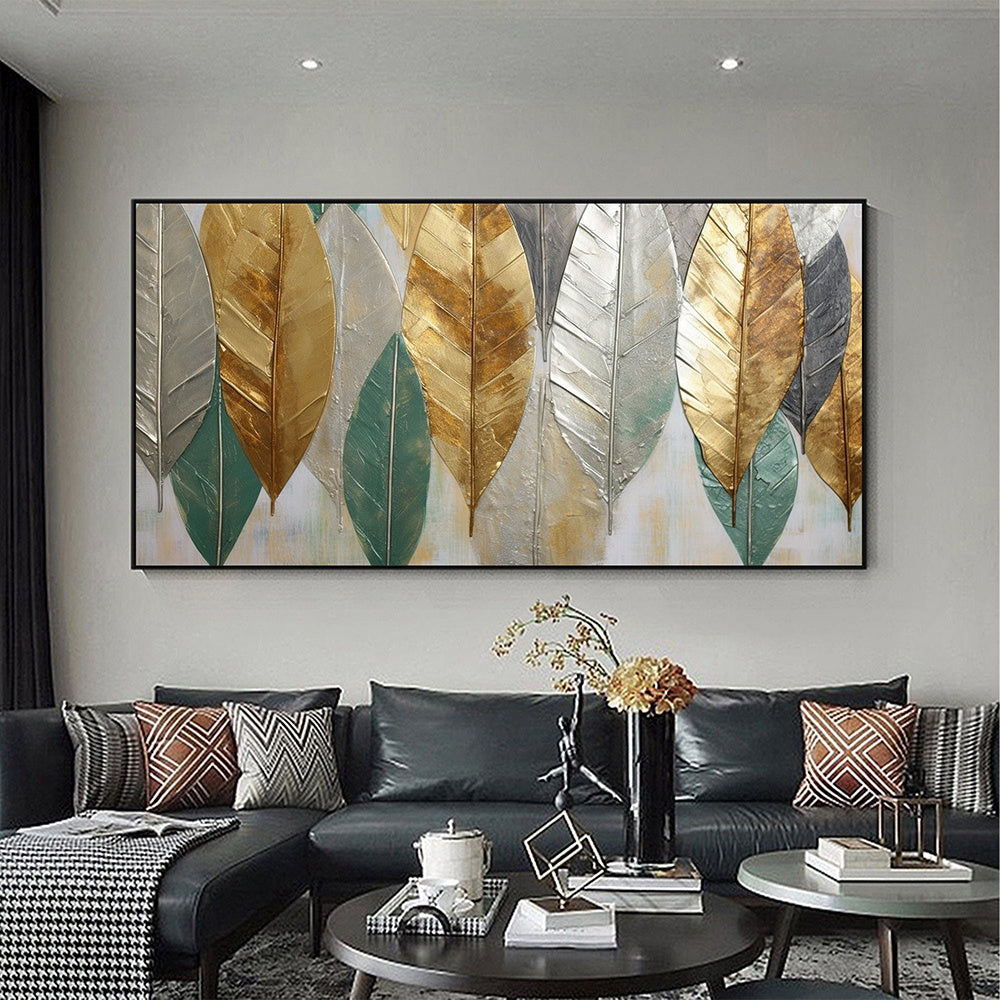 Hand Painted Oil Painting Large Abstract Leaves Oil Painting on Canvas Original Plants Painting Gold Foil Art Decor Living room Wall Decor Custom Modern Wall Art
