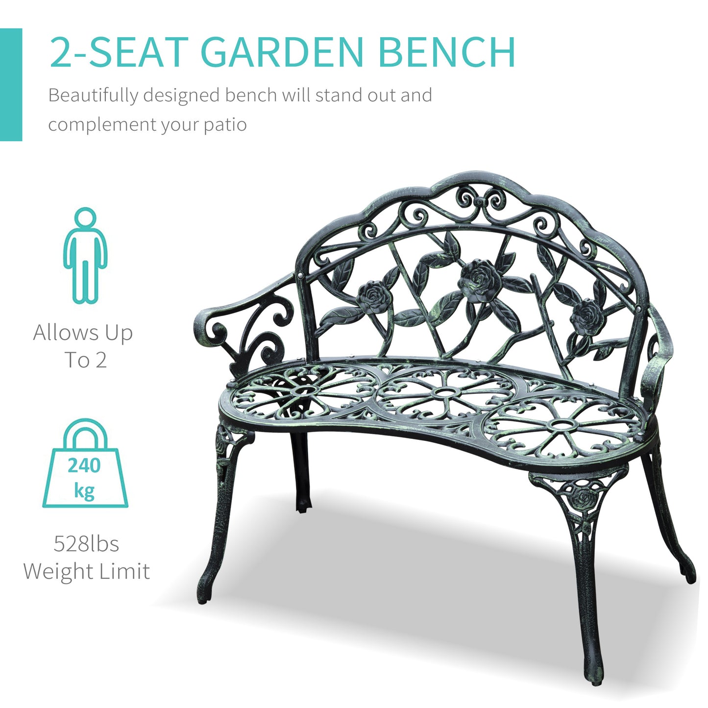 Outsunny Outdoor Bench, Cast Aluminum Outdoor Furniture, Metal Bench with Floral Rose Accent & Antique Finish, Green