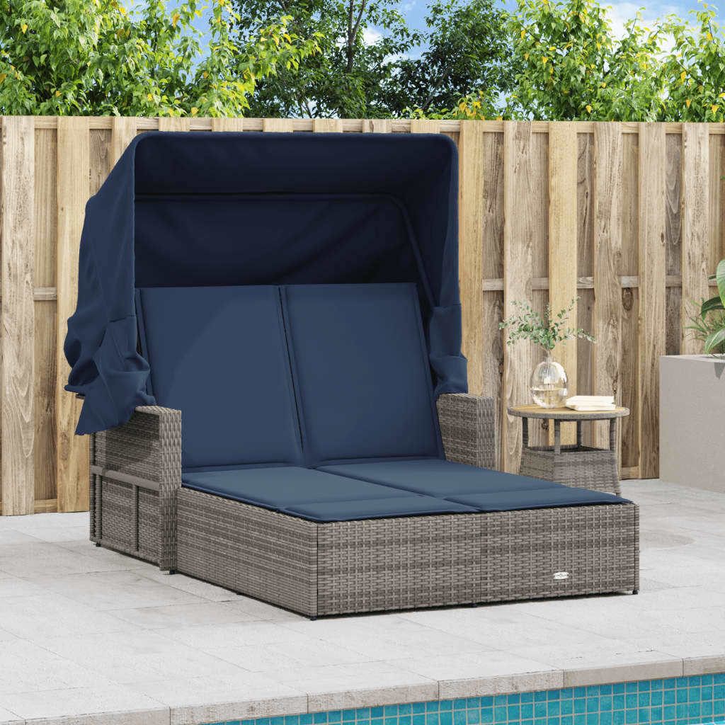 Double Sun Lounger with Canopy and Cushions Gray Poly Rattan