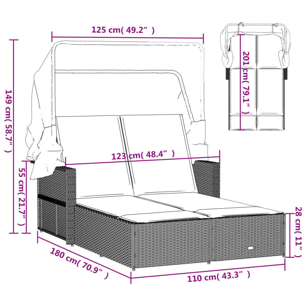 Double Sun Lounger with Canopy and Cushions Gray Poly Rattan