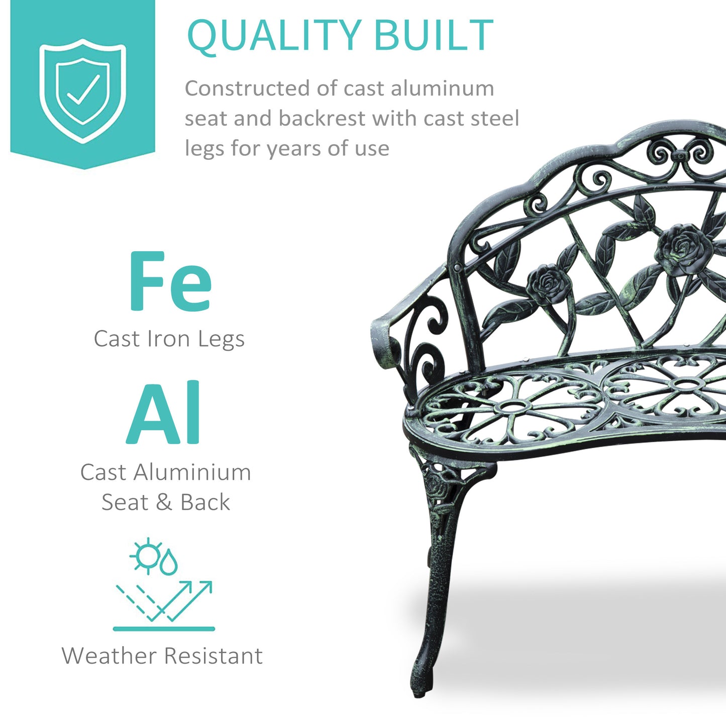 Outsunny Outdoor Bench, Cast Aluminum Outdoor Furniture, Metal Bench with Floral Rose Accent & Antique Finish, Green
