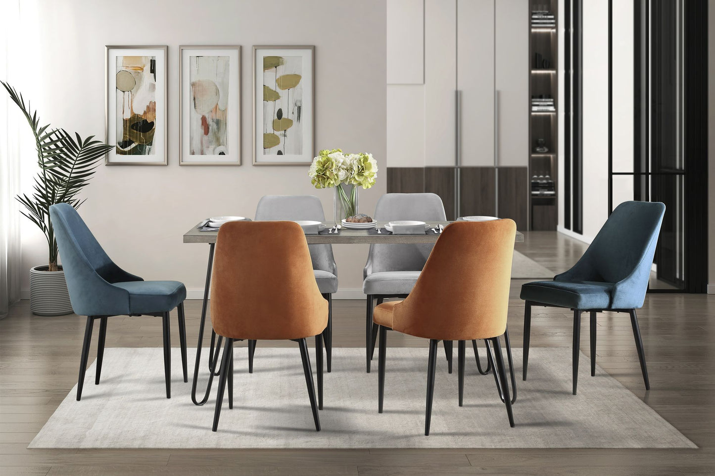 Modern Sleek Design Velvet Fabric Blue Side Chair Set of 2 Black Finish Metal Legs Dining Furniture