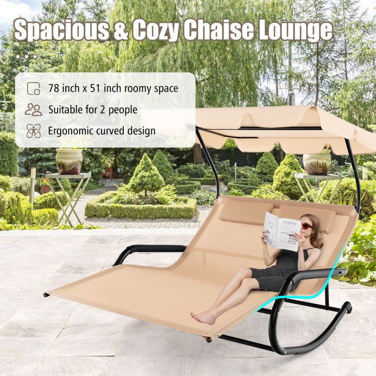 Outdoor 2 Persons Rocking Chaise Lounge with Canopy and Wheels