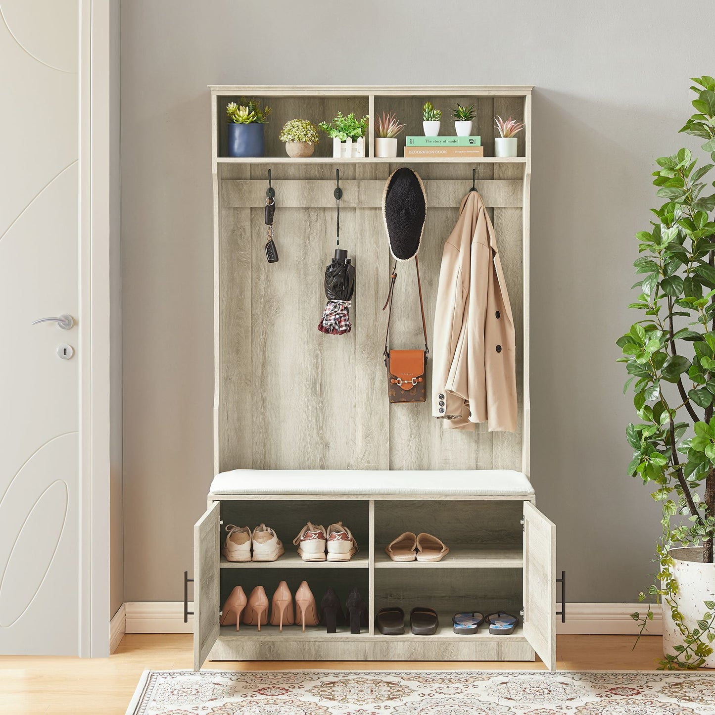 Wood Coat Rack, Storage Shoe Cabinet, with Clothes Hook, with Sponge Pad Product, Multiple Storage Racks, bedroom, porch wardrobe storage rack, Dark Colour