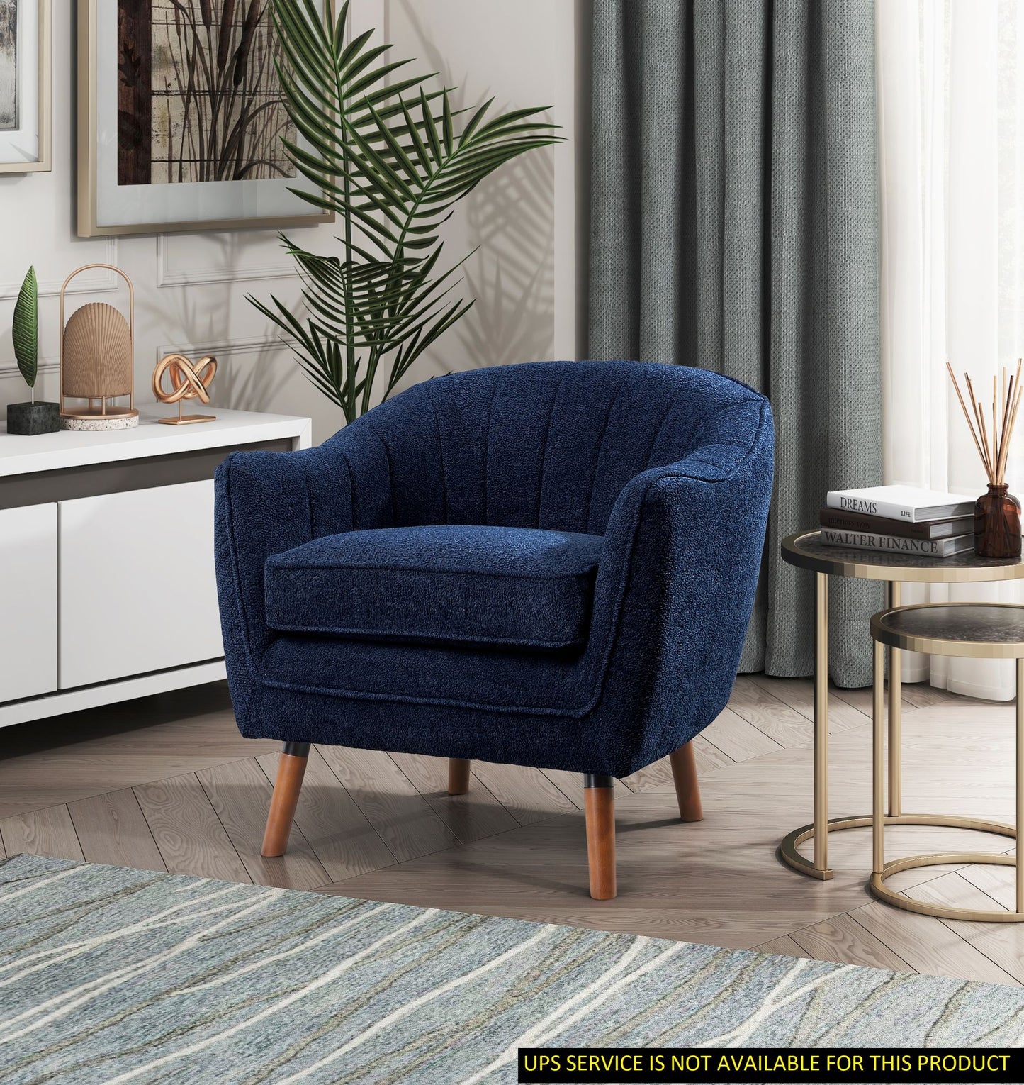 Mid-Century Modern Accent Chair 1pc Blue Chenille Fabric Upholstered Channel Stitched Back Brown Legs Solid Wood Furniture