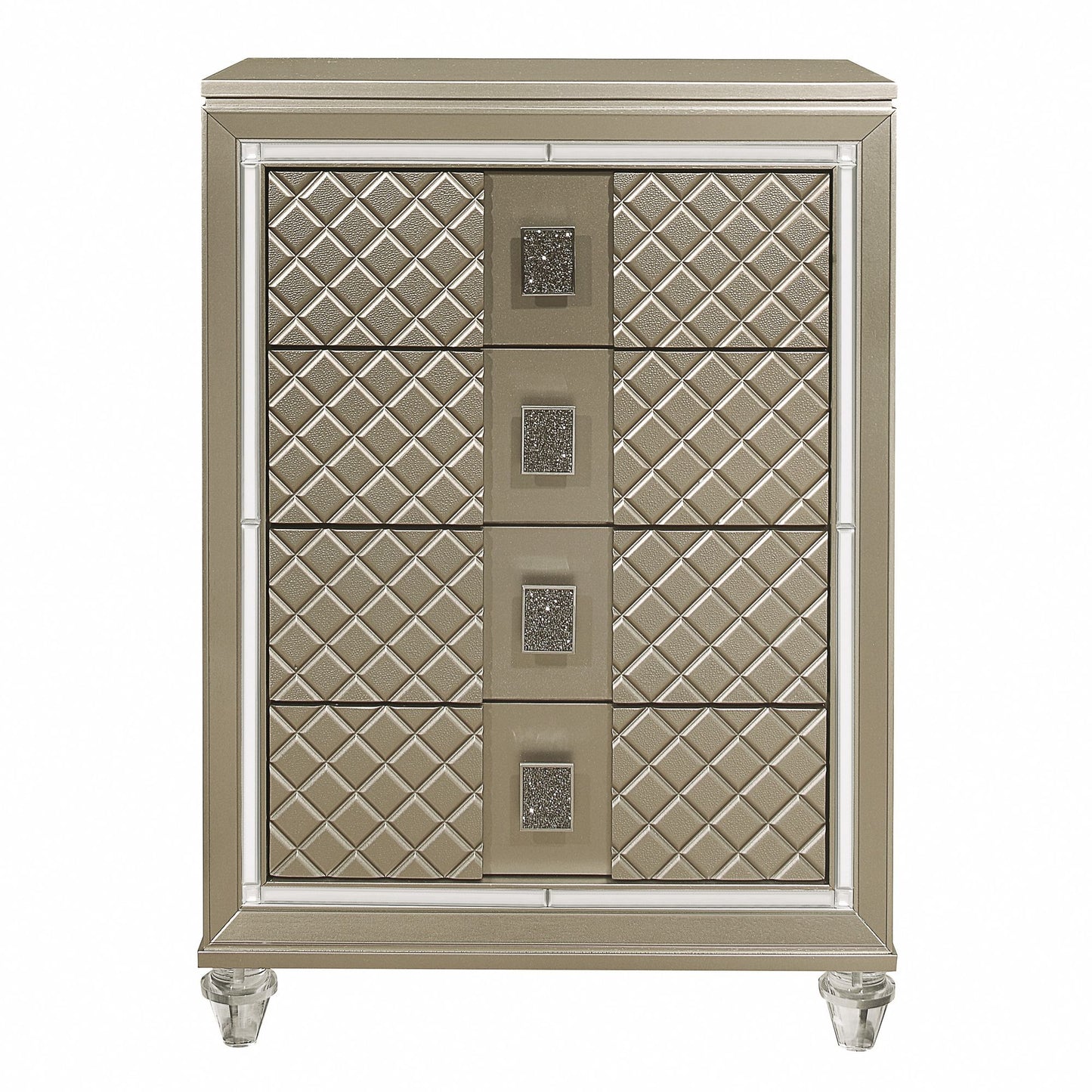 Glamorous Champagne Finish 1pc Chest of 4 Drawers Acrylic Feet Luxury Bedroom Furniture Beveled Mirror Trim