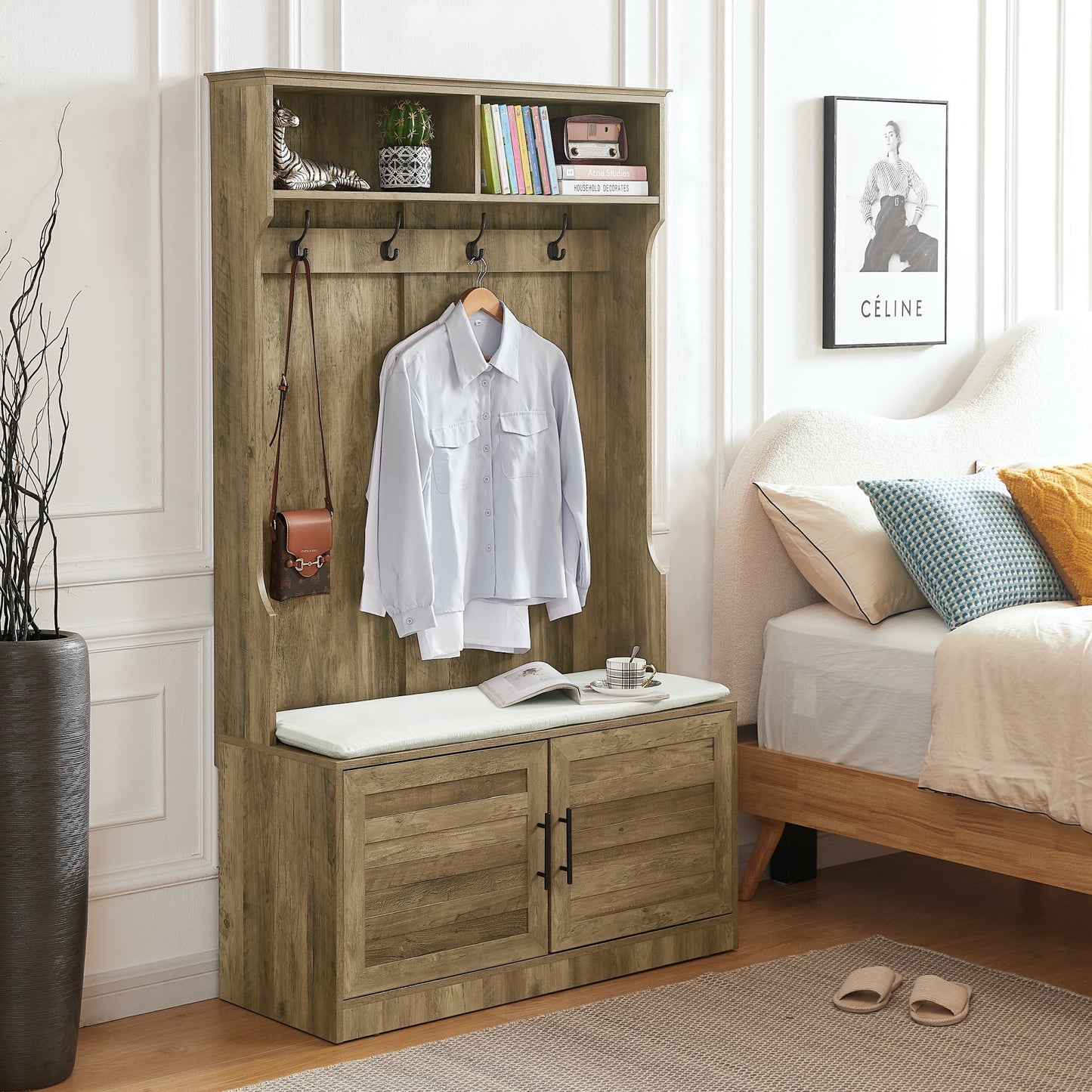 Wood Coat Rack, Storage Shoe Cabinet, with Clothes Hook, with Sponge Pad Product, Multiple Storage Racks, bedroom, porch wardrobe storage rack, Dark Colour