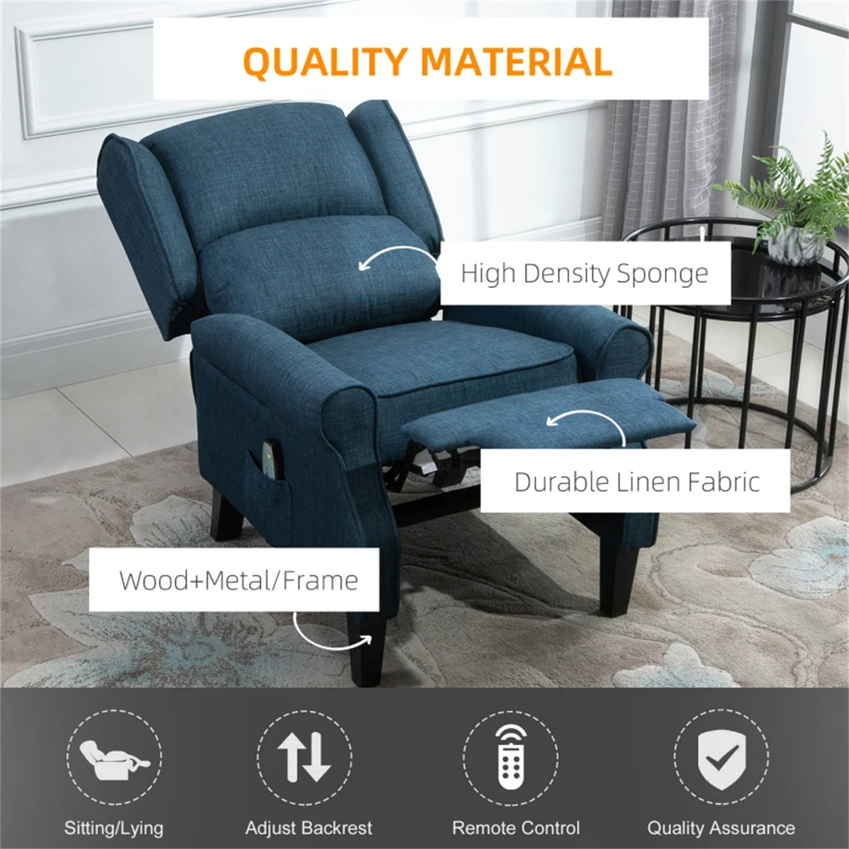 Dark Blue Massage Recliner Chair. Wingback Single Sofa with Vibration Massage, Heat, Push Back