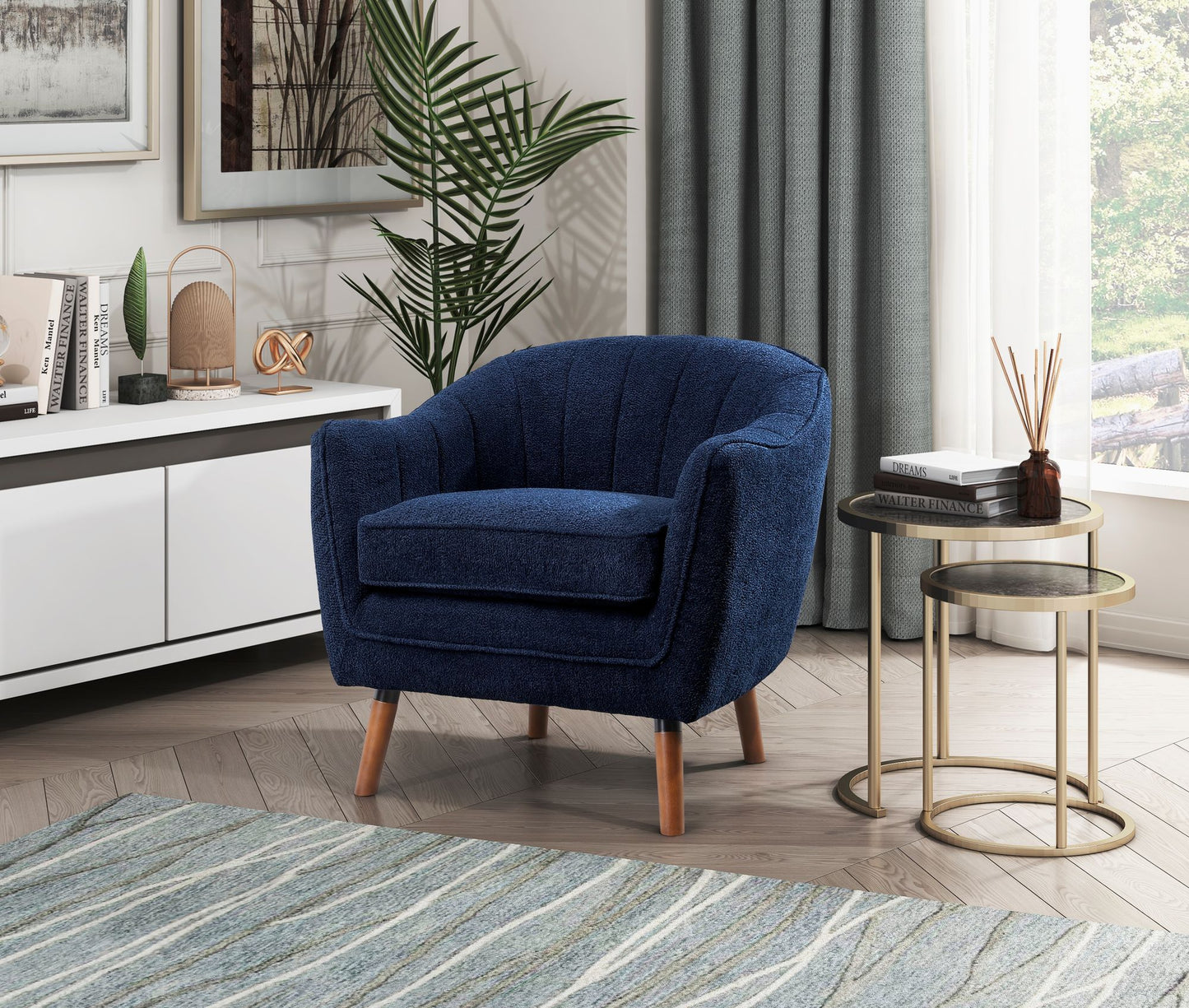 Mid-Century Modern Accent Chair 1pc Blue Chenille Fabric Upholstered Channel Stitched Back Brown Legs Solid Wood Furniture
