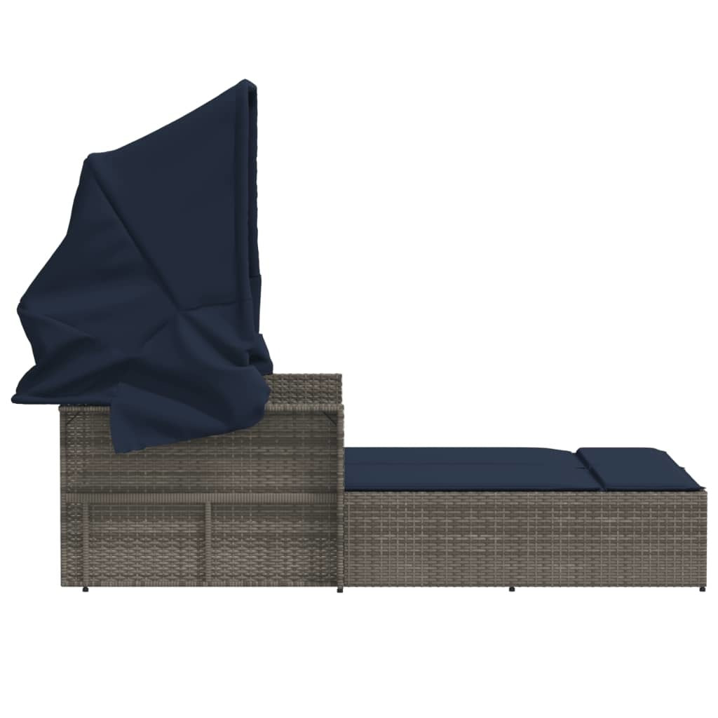 Double Sun Lounger with Canopy and Cushions Gray Poly Rattan