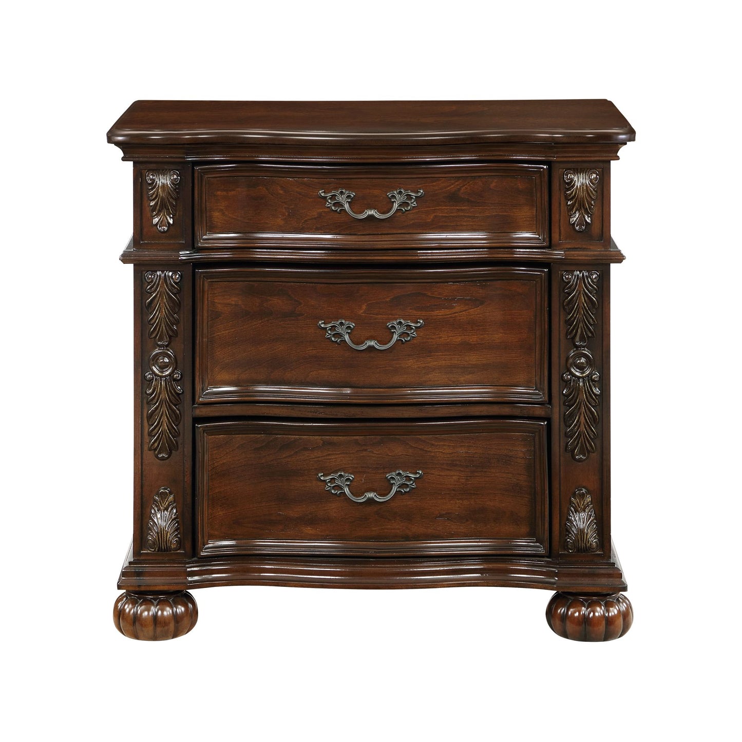 Classic Traditional Nightstand of 3 Drawers Cherry Finish Carving Wooden Bedroom Furniture 1pc