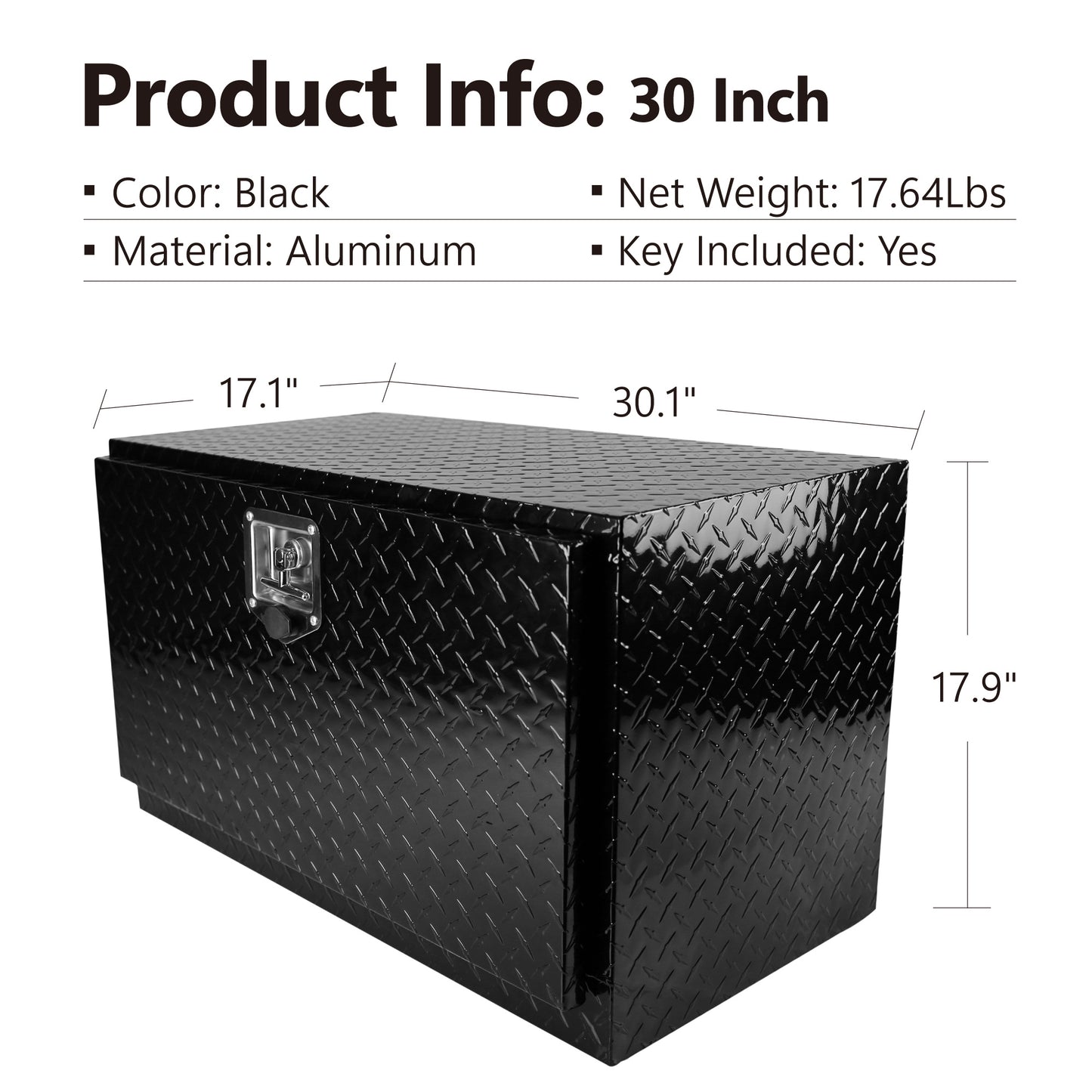 30 Inch Aluminum Stripes Plated Tool Box Pick Up Truck Bed RV Trailer Toolbox Waterproof Square Storage Organizer with Lock and Keys - Black 30"(30.1"×17.1"×17.9")