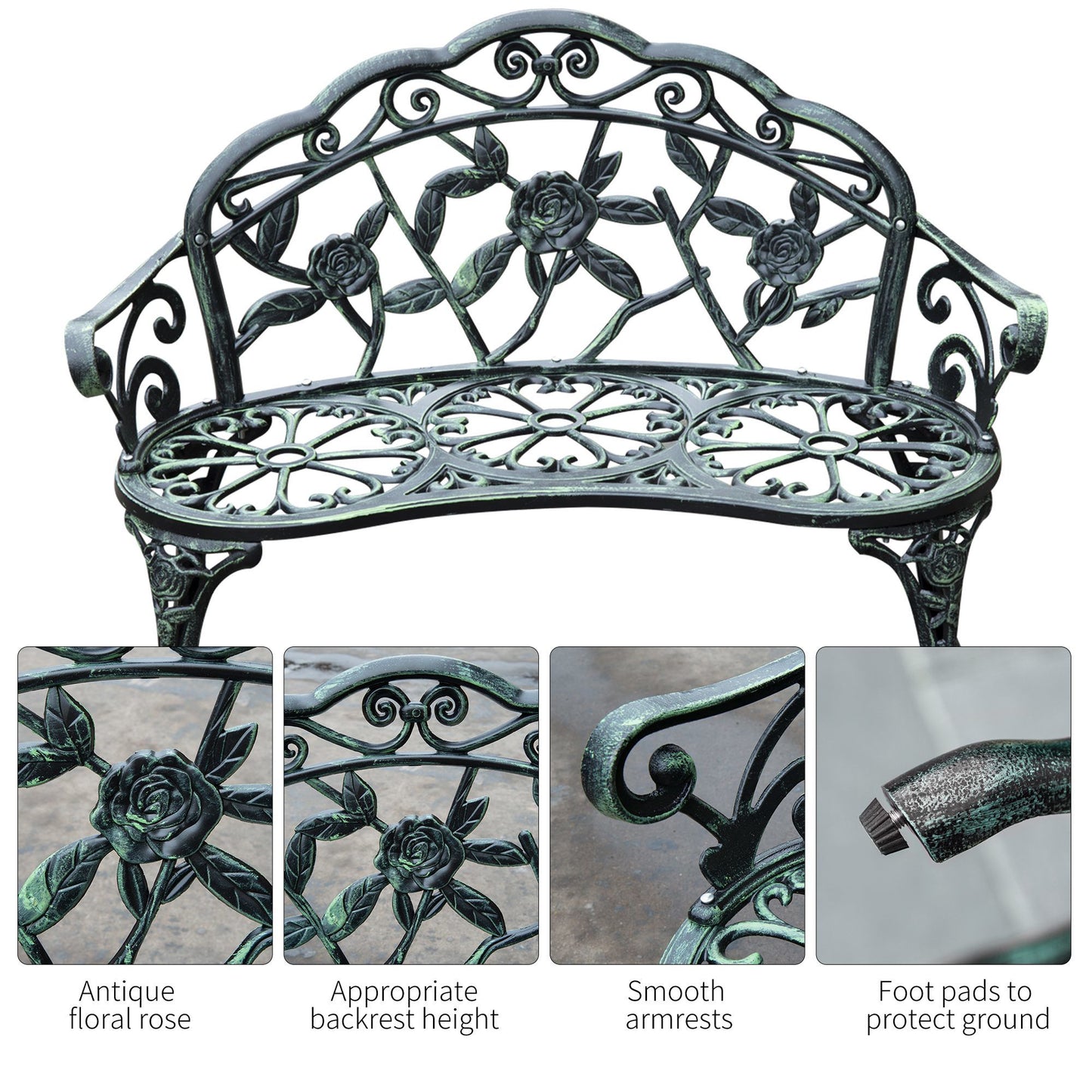 Outsunny Outdoor Bench, Cast Aluminum Outdoor Furniture, Metal Bench with Floral Rose Accent & Antique Finish, Green