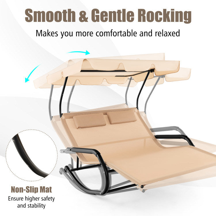 Outdoor 2 Persons Rocking Chaise Lounge with Canopy and Wheels