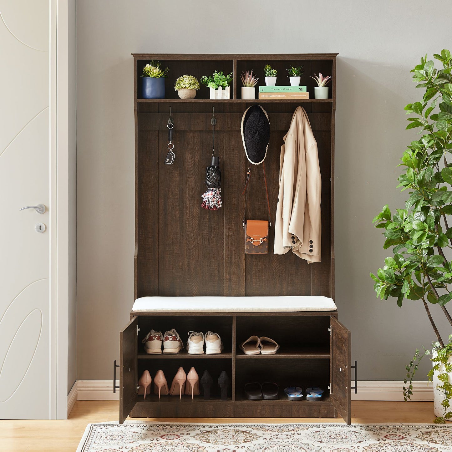 Wood Coat Rack, Storage Shoe Cabinet, with Clothes Hook, with Sponge Pad Product, Multiple Storage Racks, bedroom, porch wardrobe storage rack, Dark Colour