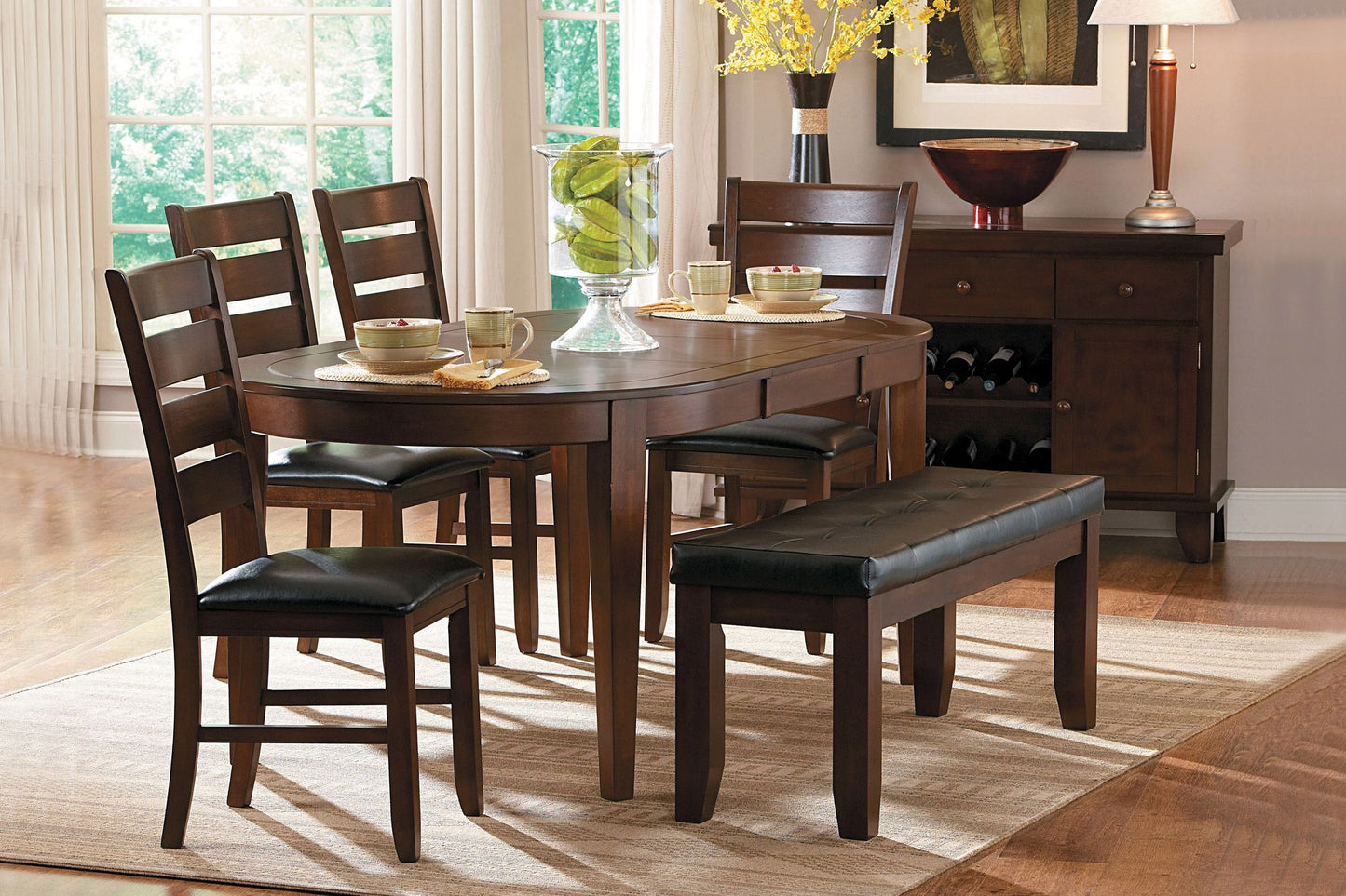 Dark Oak Finish Wooden Bench 1pc Faux Leather Upholstered Seat Simple Dining Furniture