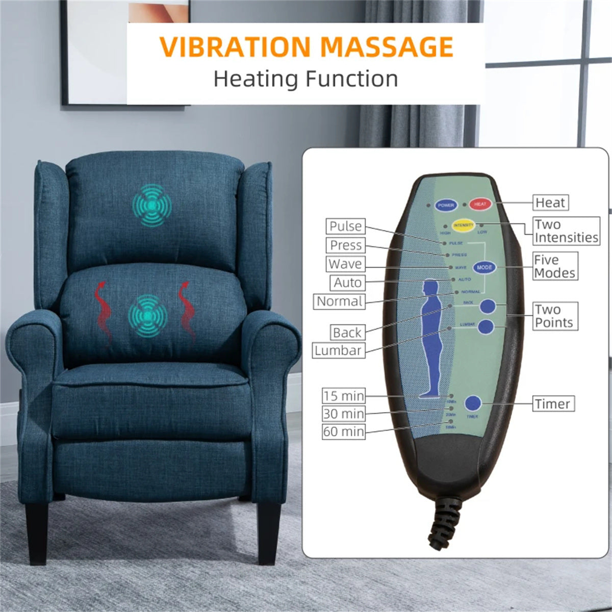 Dark Blue Massage Recliner Chair. Wingback Single Sofa with Vibration Massage, Heat, Push Back