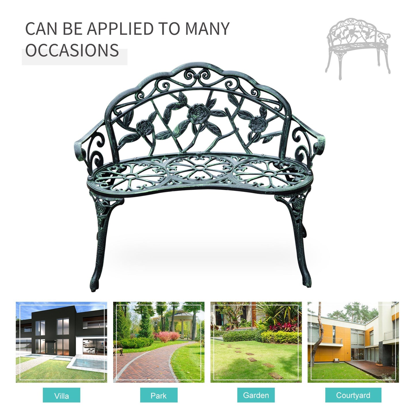 Outsunny Outdoor Bench, Cast Aluminum Outdoor Furniture, Metal Bench with Floral Rose Accent & Antique Finish, Green