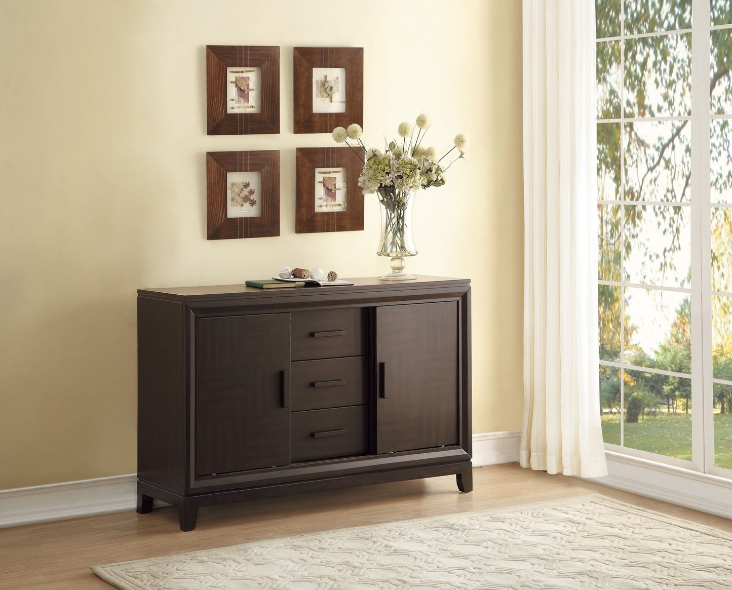 Classic Design Dark Brown Finish 1pc Server of 3x Drawers 2x Cabinets w Sliding Doors Contemporary Style Wooden Dining Room Furniture