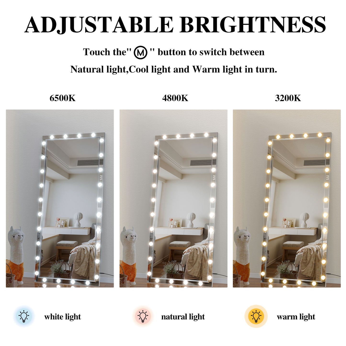 Hollywood LED Full Body Mirror with Lights Extra Large Full Length Vanity Mirror with 3 Color Mode Lights, Vertical Horizontal Hanging Aluminum Framed Mirror, 72 x 36 Inch, Silver