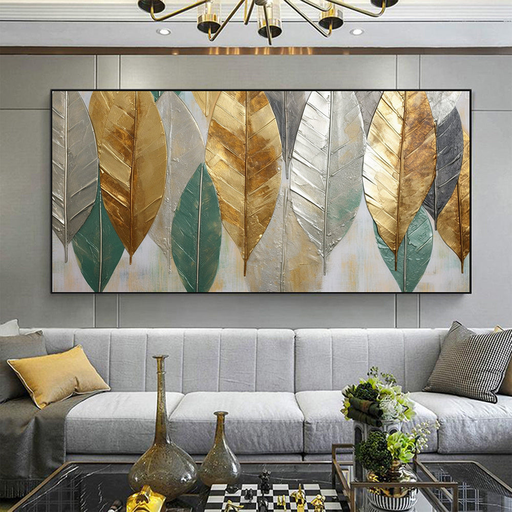 Hand Painted Oil Painting Large Abstract Leaves Oil Painting on Canvas Original Plants Painting Gold Foil Art Decor Living room Wall Decor Custom Modern Wall Art