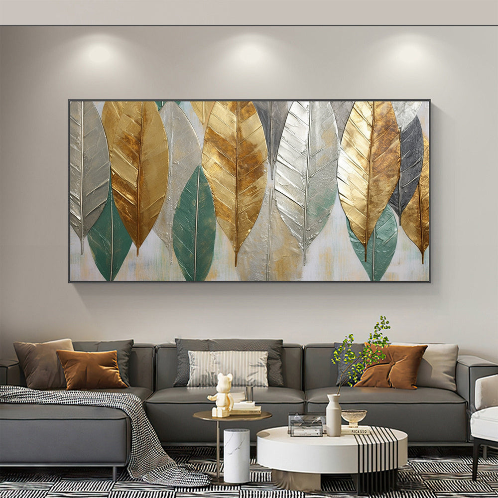 Hand Painted Oil Painting Large Abstract Leaves Oil Painting on Canvas Original Plants Painting Gold Foil Art Decor Living room Wall Decor Custom Modern Wall Art