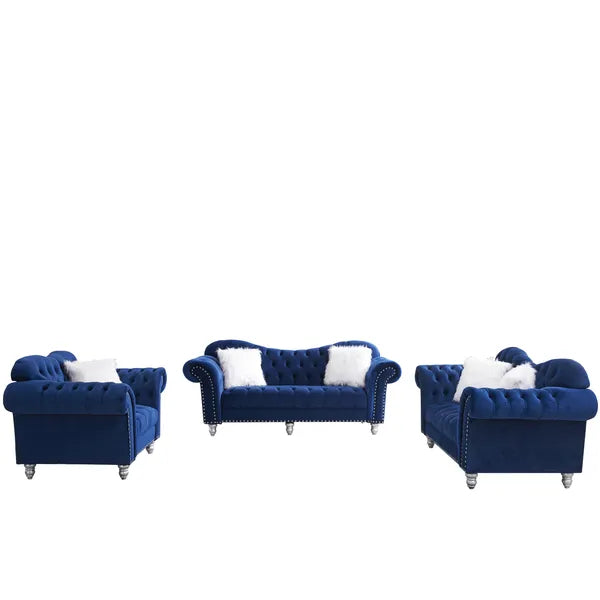 3 Piece Living Room Sofa Set; including 3-Seater Sofa; Loveseat and Sofa Chair; with Button and Copper Nail on Arms and Back; Five White Villose Pillow; Blue.