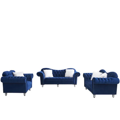 3 Piece Living Room Sofa Set; including 3-Seater Sofa; Loveseat and Sofa Chair; with Button and Copper Nail on Arms and Back; Five White Villose Pillow; Blue.