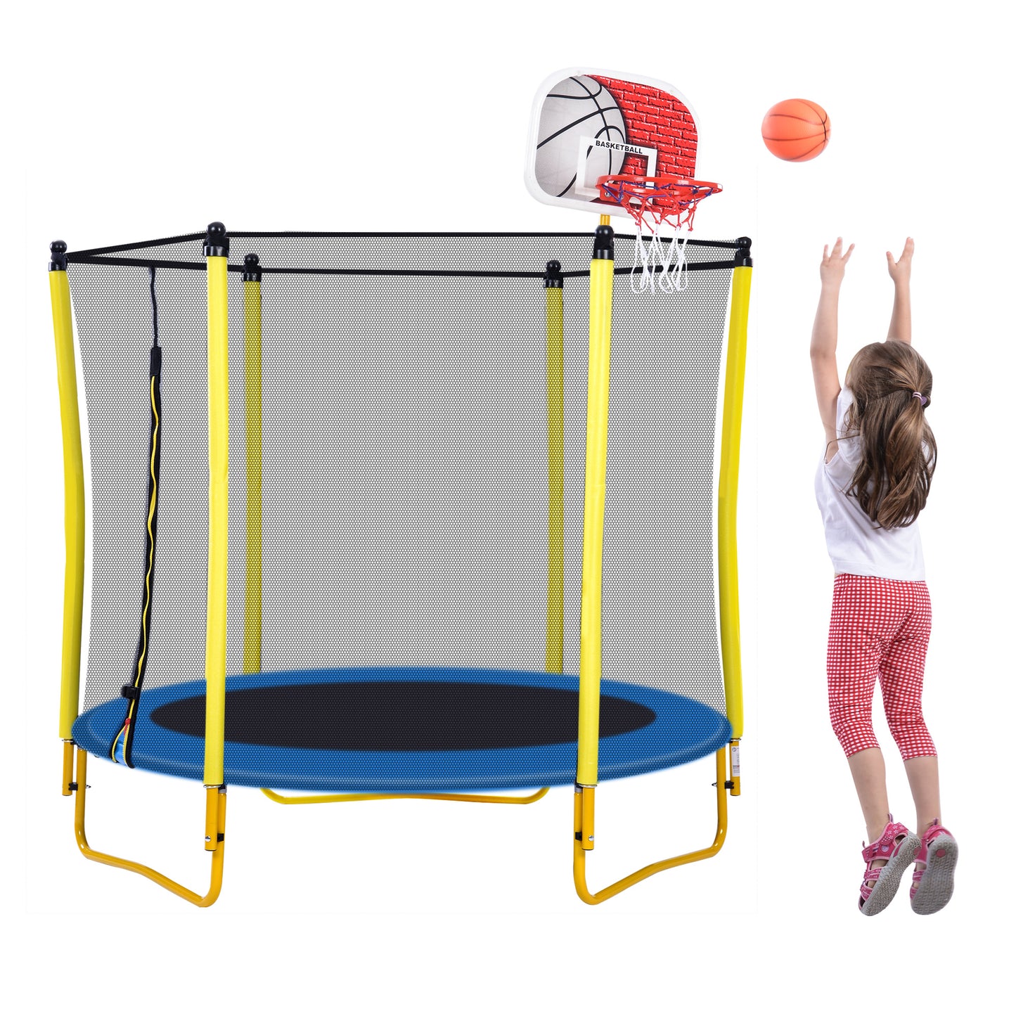 5.5 FT Outdoor & Indoor Mini Toddler Trampoline with Enclosure, Basketball Hoop and Ball Included