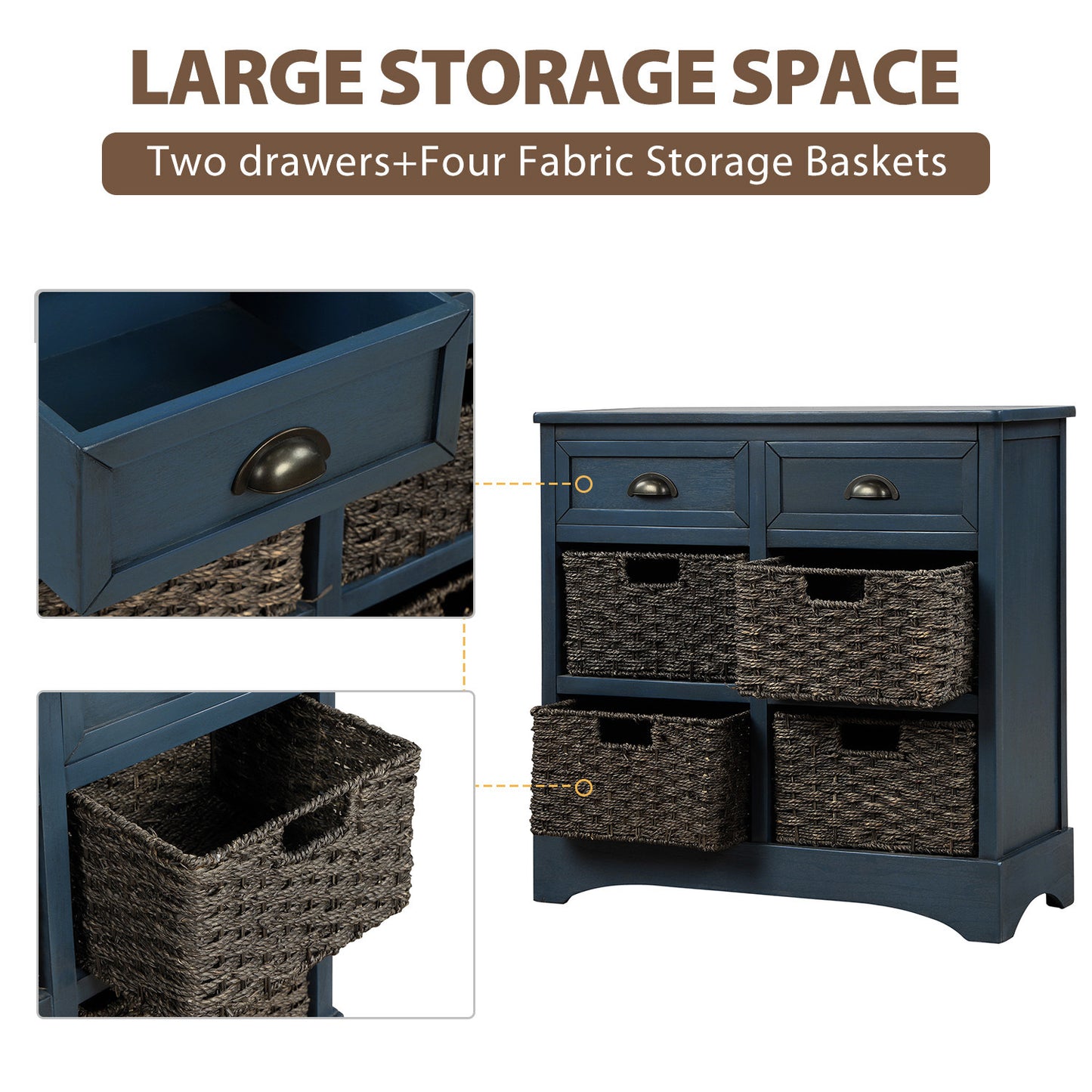 TREXM Rustic Storage Cabinet with Two Drawers and Four Classic Rattan Basket for Dining Room/Entryway/Living Room (Antique Navy)