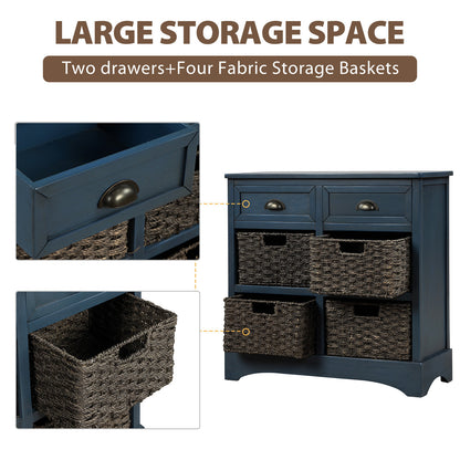 TREXM Rustic Storage Cabinet with Two Drawers and Four Classic Rattan Basket for Dining Room/Entryway/Living Room (Antique Navy)