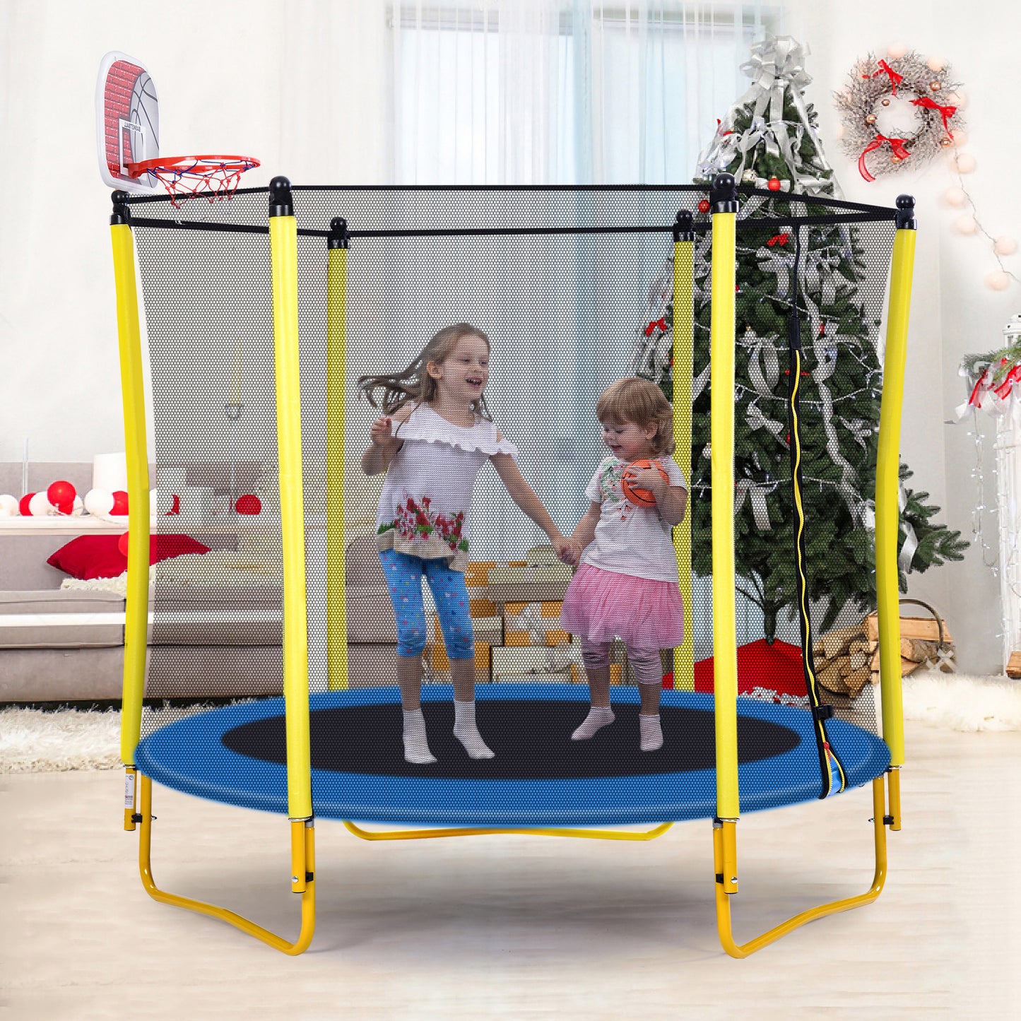 5.5 FT Outdoor & Indoor Mini Toddler Trampoline with Enclosure, Basketball Hoop and Ball Included