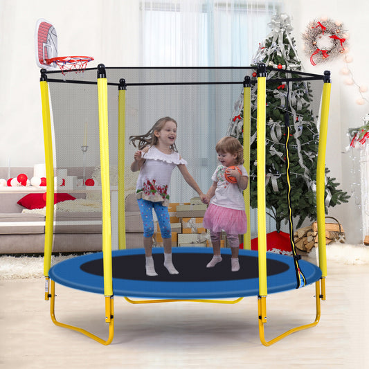 5.5 FT Outdoor & Indoor Mini Toddler Trampoline with Enclosure, Basketball Hoop and Ball Included