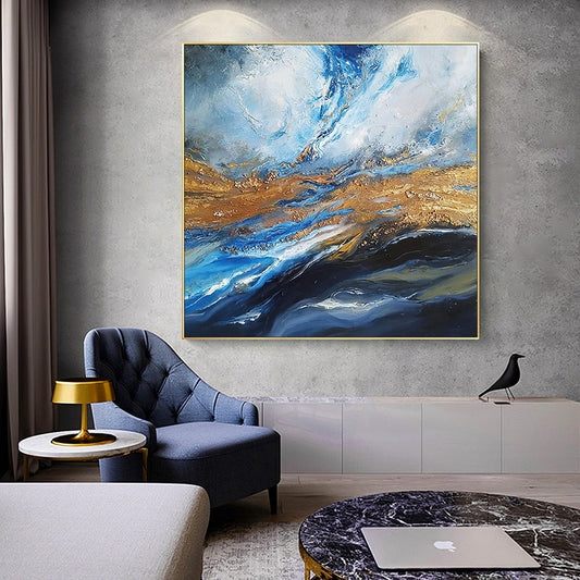New Painting Home Decoration Modern Hand Painted Abstract Painting With Blue And Gold Texture Large Living Room Wall Picture