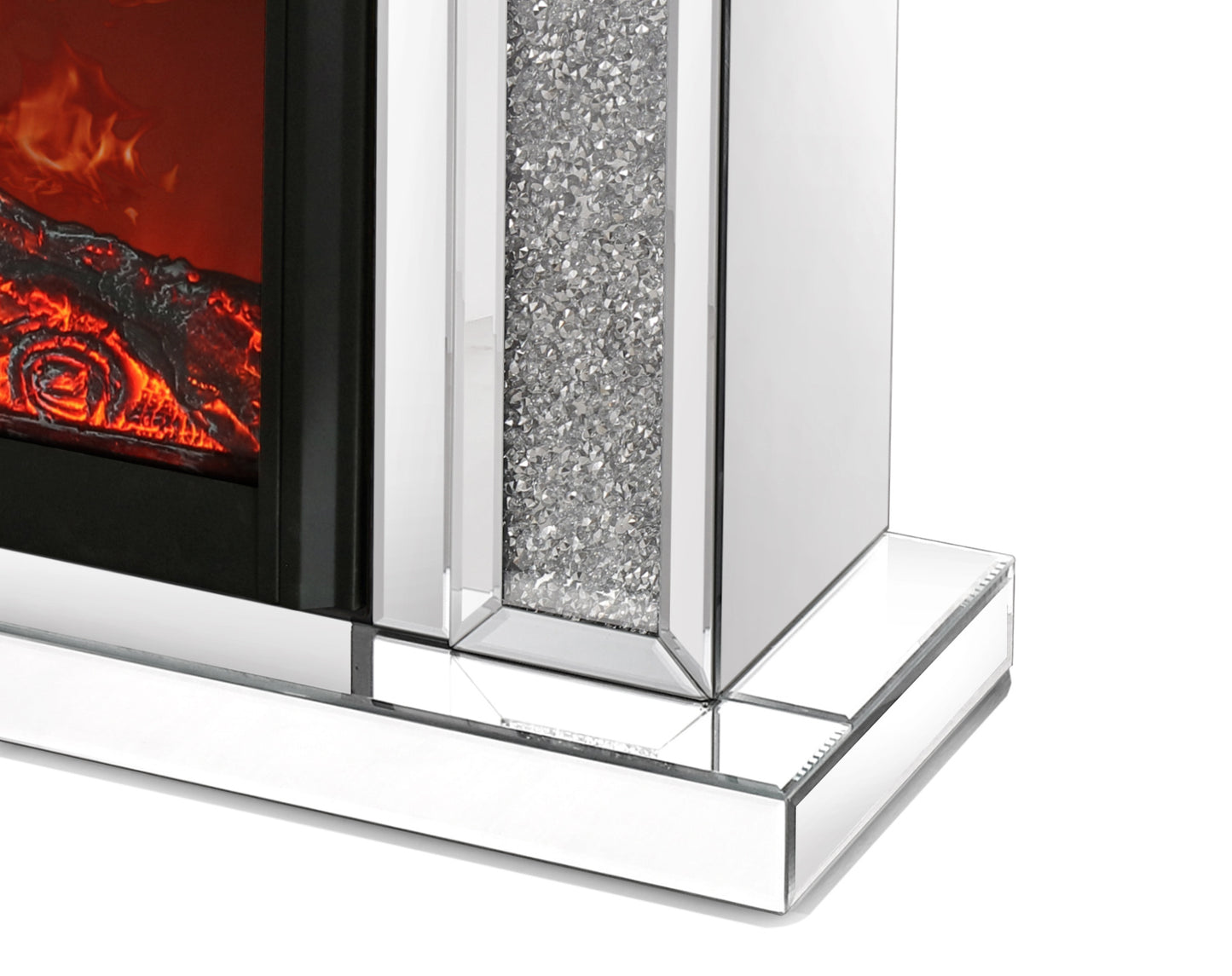 W 47 inch X D 12.6 inch X H 41.7 inch Acrylic diamond mirror mantelpiece, separate mantelpiece Built-in filling: acrylic high imitation drill, 1500 W electric heating furnace