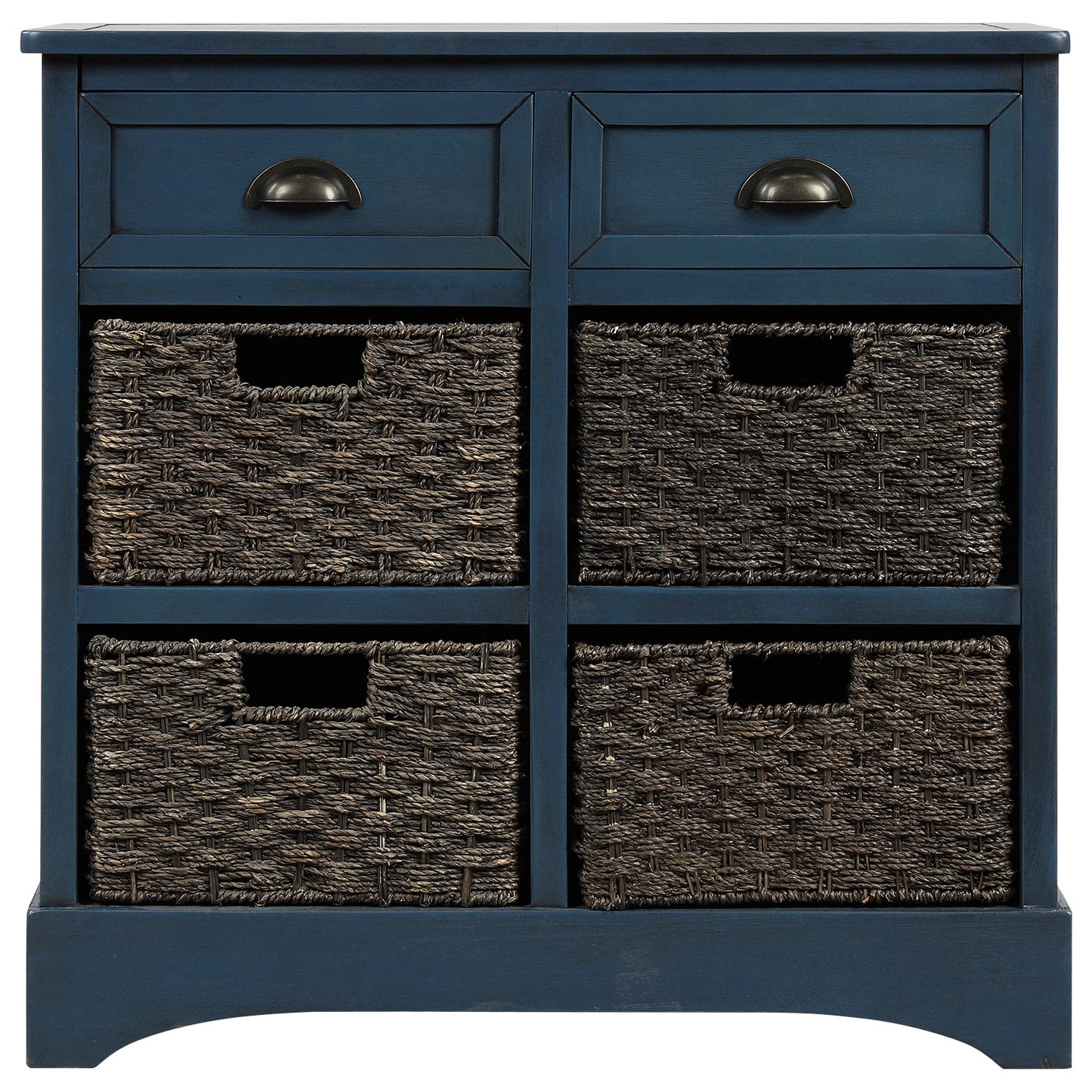 TREXM Rustic Storage Cabinet with Two Drawers and Four Classic Rattan Basket for Dining Room/Entryway/Living Room (Antique Navy)