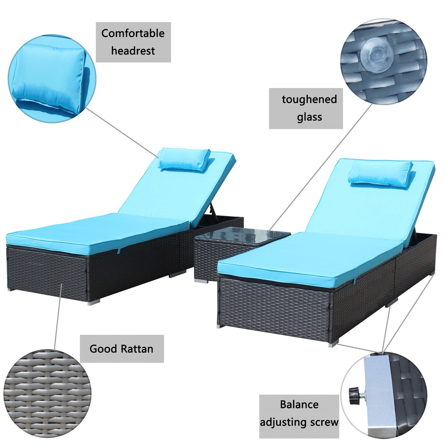 3-Piece Outdoor Patio Furniture Set Chaise Lounge, Patio Reclining Rattan Lounge Chair Chaise Couch Cushioned with Glass Coffee Table, Adjustable Back and Feet, Lounger Chair for Pool Garden, Blue