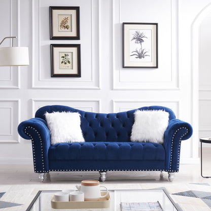 3 Piece Living Room Sofa Set; including 3-Seater Sofa; Loveseat and Sofa Chair; with Button and Copper Nail on Arms and Back; Five White Villose Pillow; Blue.